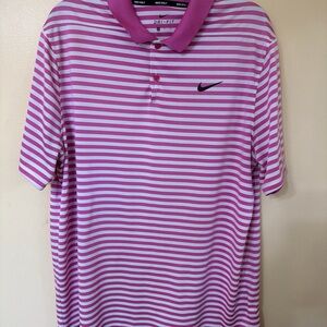 Nike Men's Pink and White Striped Polo Shirt